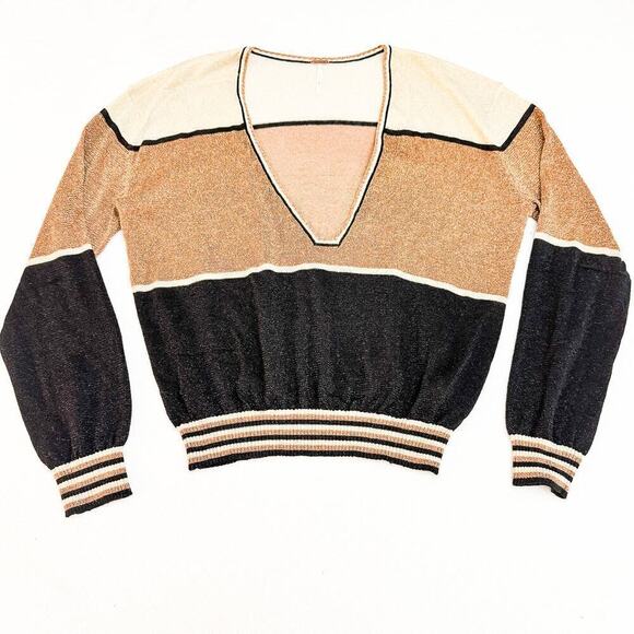 Free People Deep Shimmering Semi Sheer V-Neck Sweater Top Size M - Picture 1 of 5